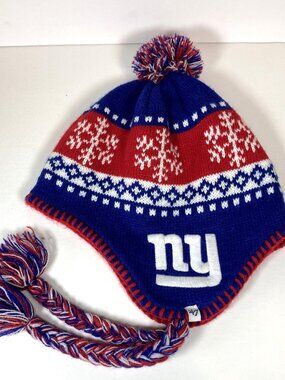 New York Giants Knit Winter‎ Hat, One Size, '47 Brand, Tassels Pom Pom Football